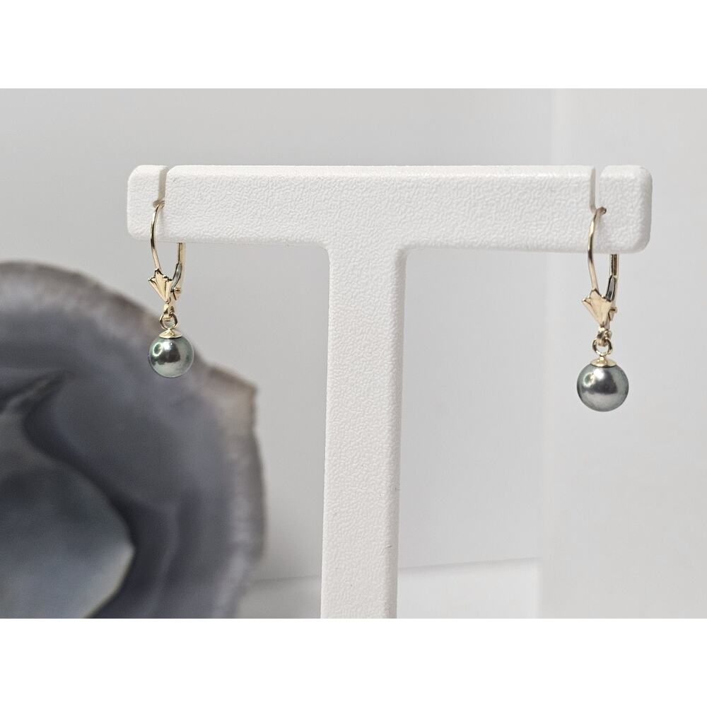 14K Yellow Gold Black Fresh Water Pearl Dangle / Drop Earrings